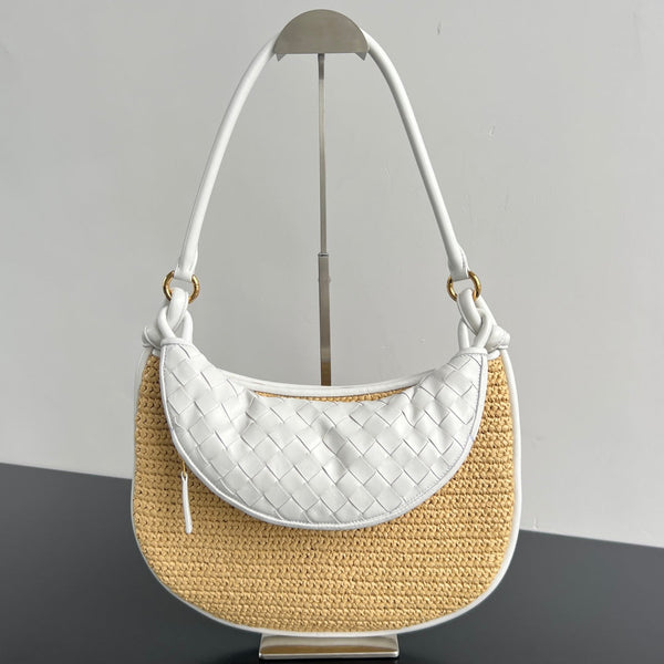 GEMELLI SHOULDER BAG 36 IN BEIGE RAFFIA AND WHITE LAMBSKIN
